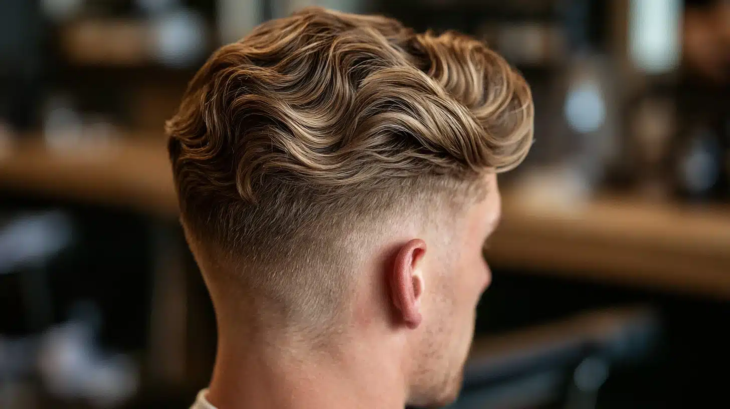 Close-up of a man’s textured wavy hairstyle with a tapered fade haircut, viewed from the back in a barbershop.