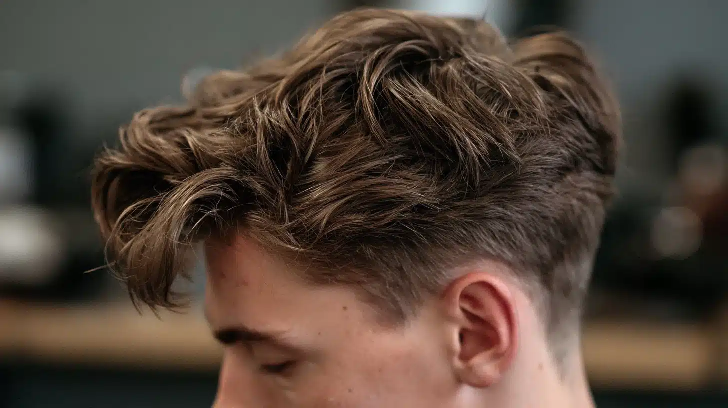 Close-up of a young man with thick, wavy brown hair styled with volume, showing a textured, modern haircut with short sides and longer hair on top.