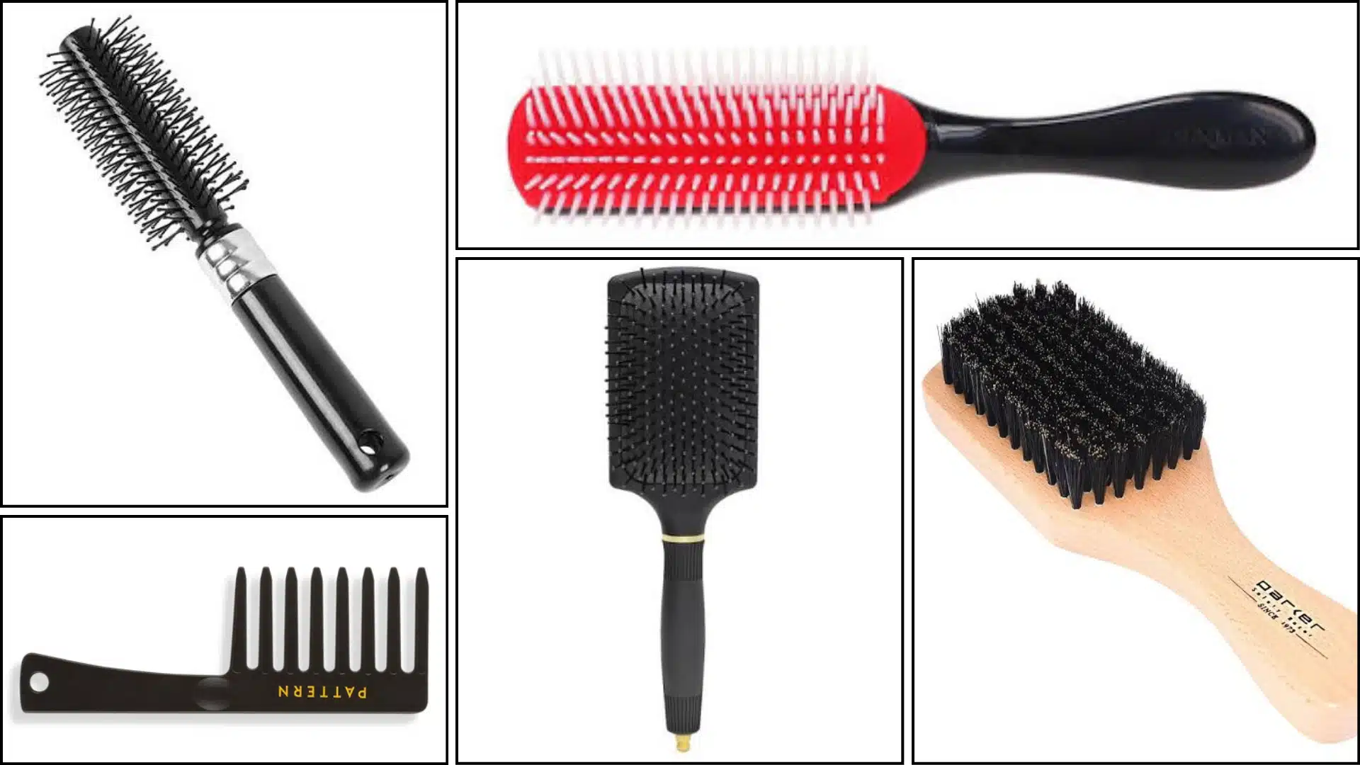 Collage of five black hairbrushes and combs, including a round brush, vented brush, paddle brush, wooden bristle brush, and wide-tooth comb.