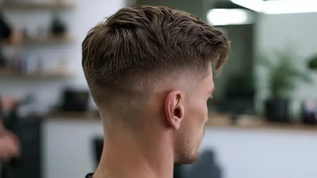 Close up of a man's neatly styled textured crop haircut with a tapered fade viewed from the back and side