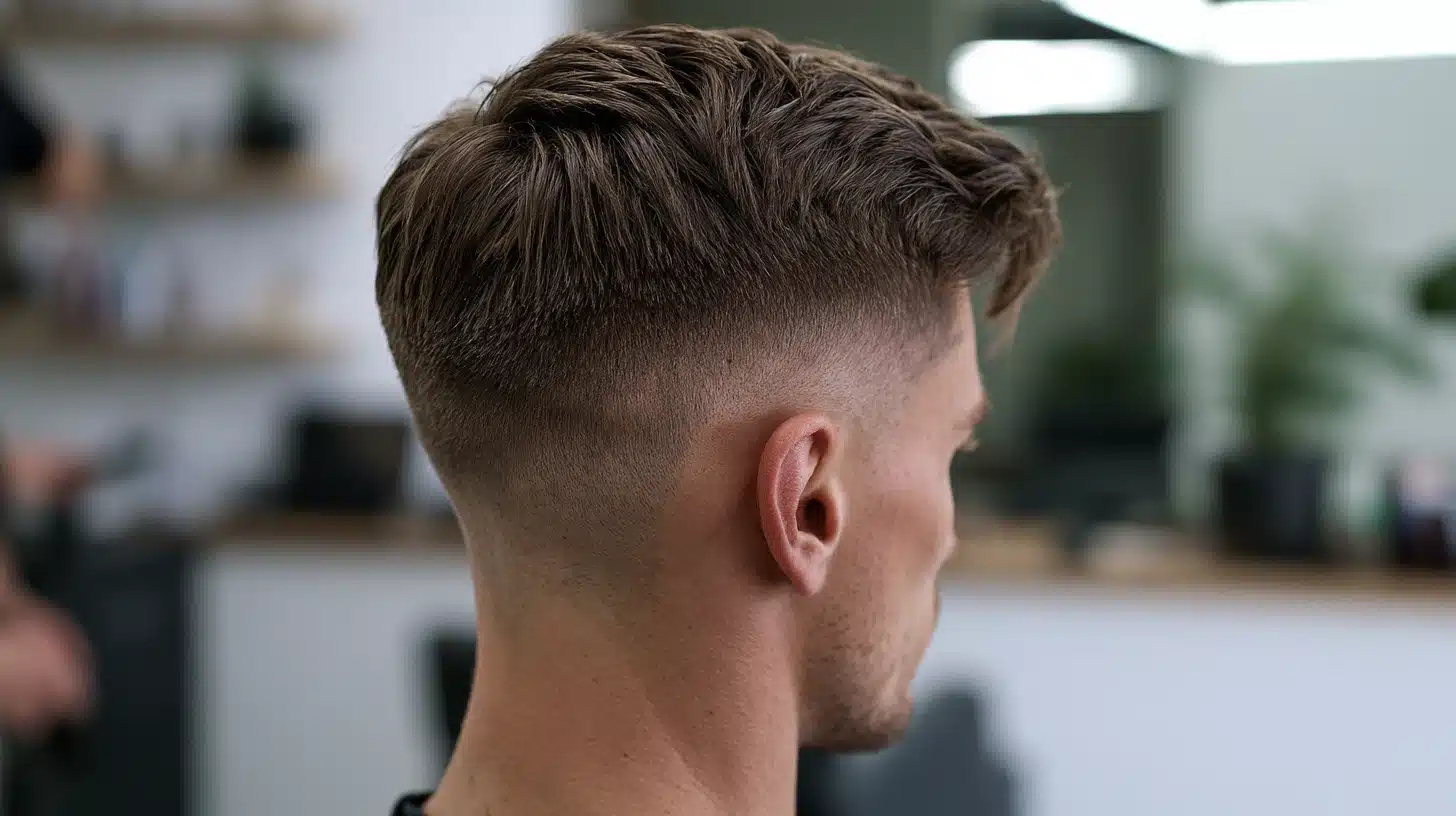 Close up of a man's neatly styled textured crop haircut with a tapered fade viewed from the back and side