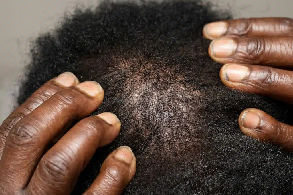 Top view fingers on afro american head scalp top close-up show hair-loss