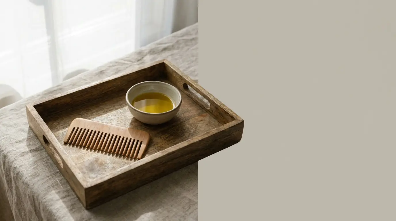 Wooden tray with a ceramic bowl of oil and a wooden comb on a linen cloth