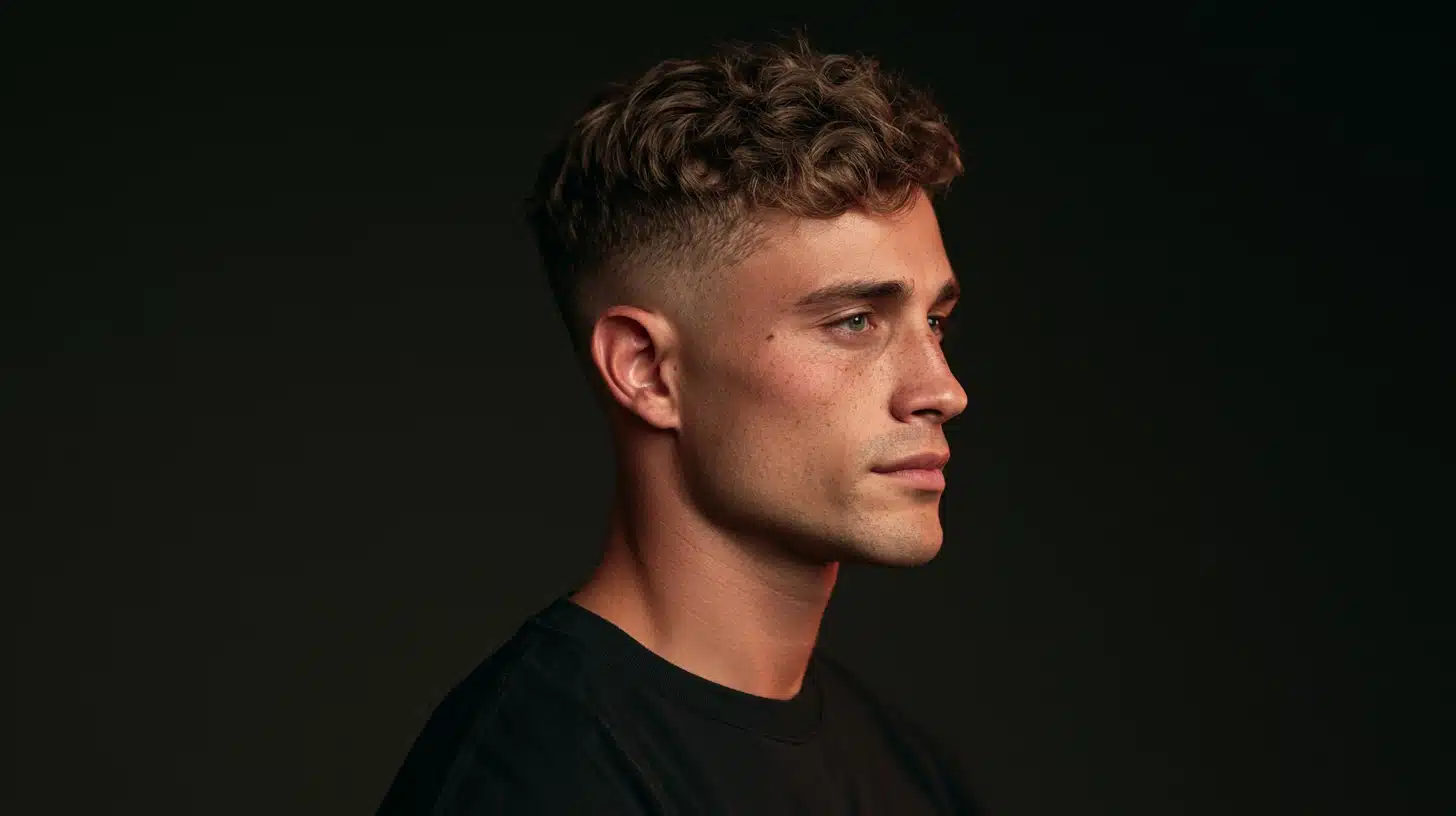 Curly high and tight with defined curls on top faded sides and a clean modern profile with strong contrast
