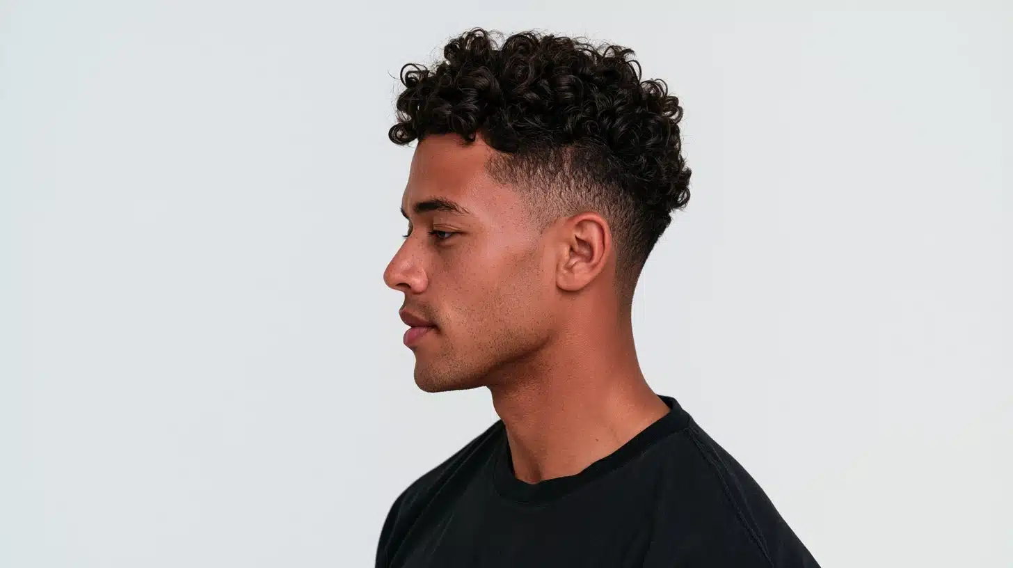 Curly high and tight with tight curls on top clean tapered sides and a balanced profile with a sharp modern finish