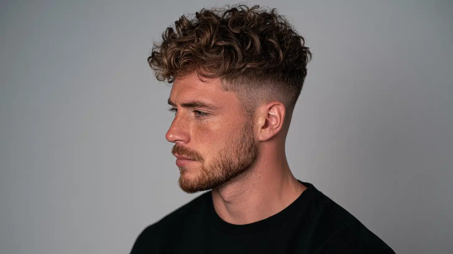 Curly textured crop with a clean low fade and short beard styled neatly against a simple gray studio background