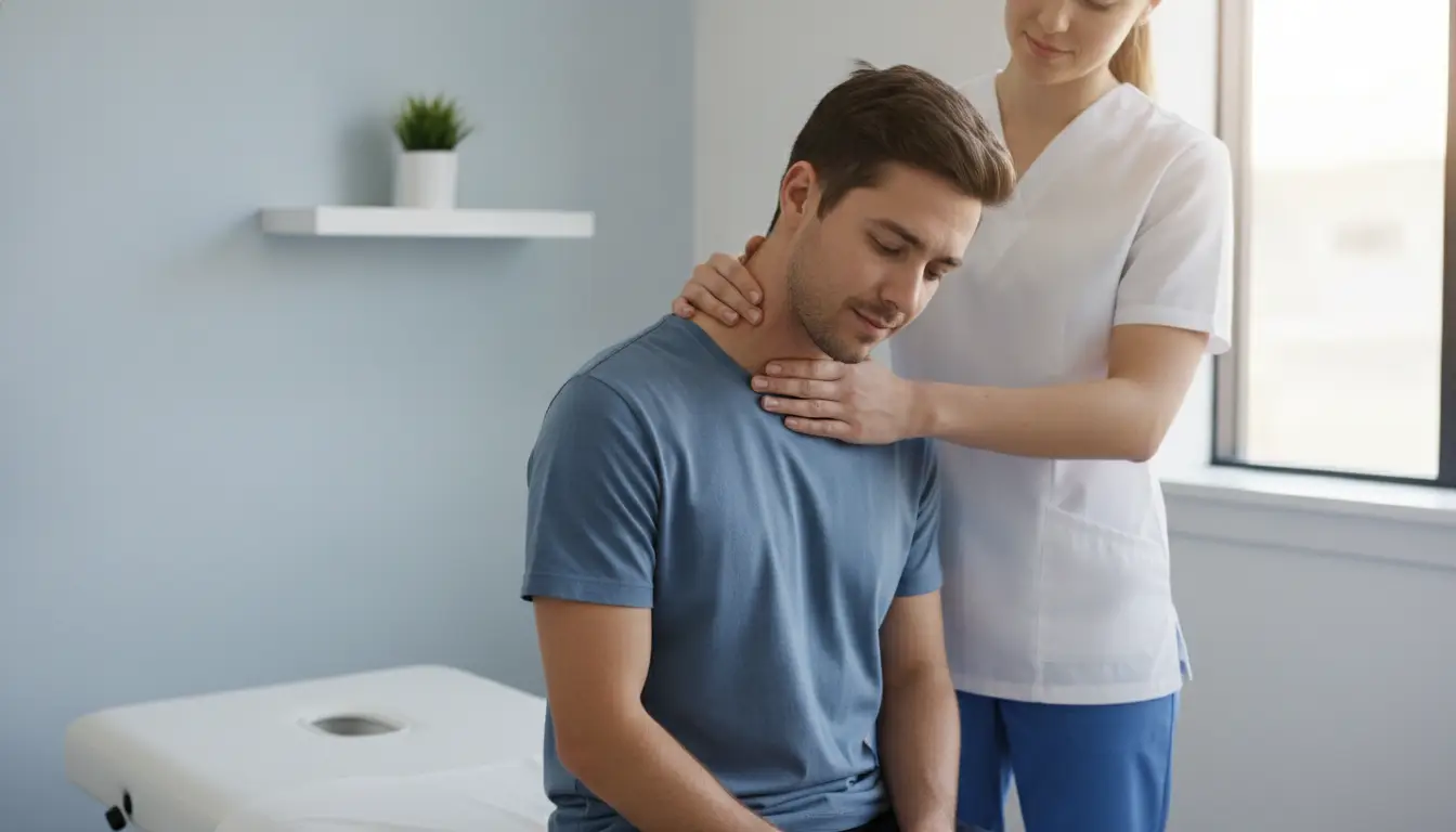 Man receiving neck massage from therapist in a bright, minimalist therapy room