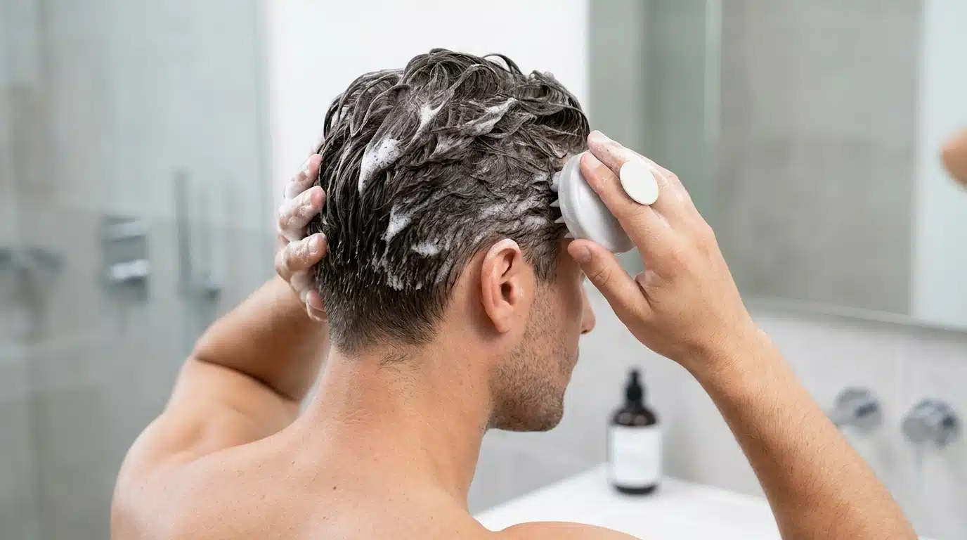 A man using a brush to wash his hair, demonstrating a hair care routine for men.