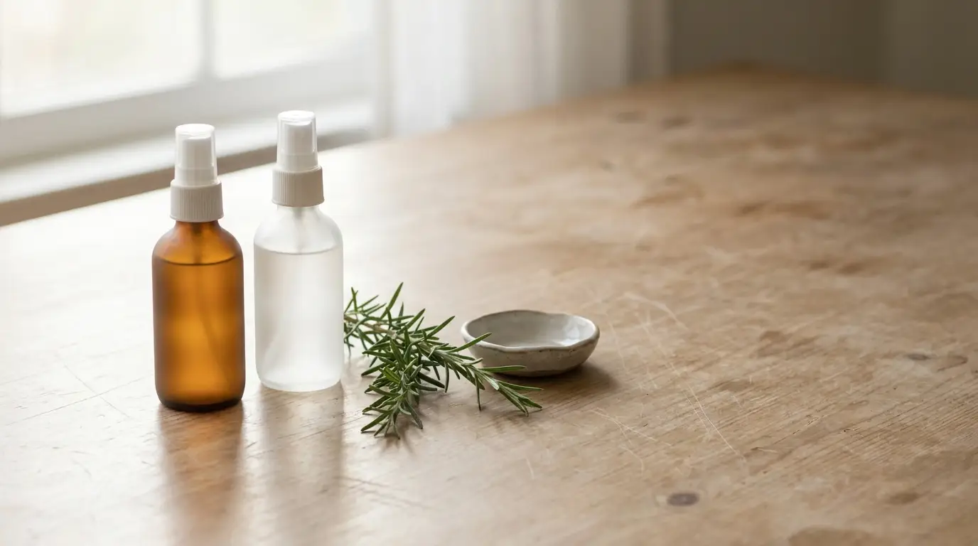 Brown and clear spray bottles with rosemary sprigs on wooden table near window
