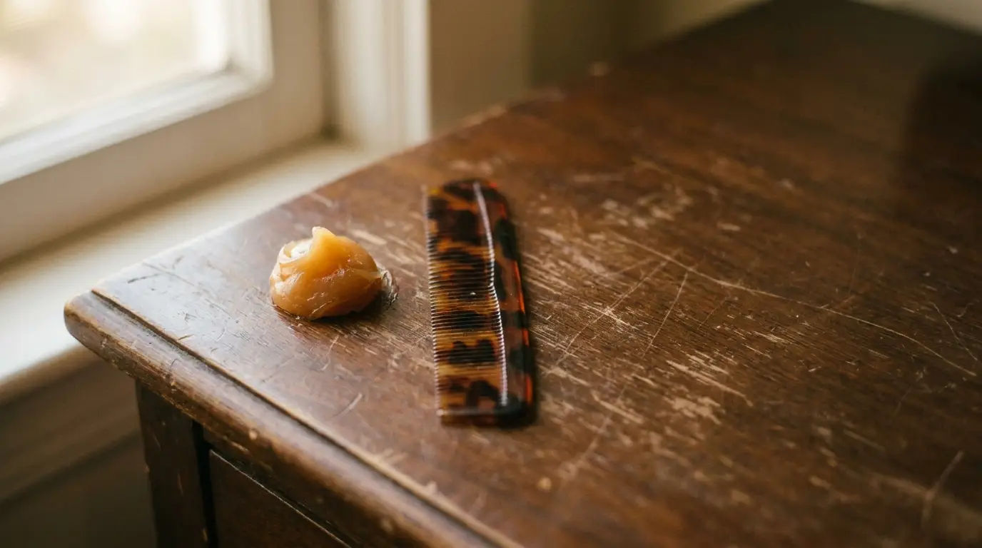 Comb and small jar of hair pomade on wooden table near window