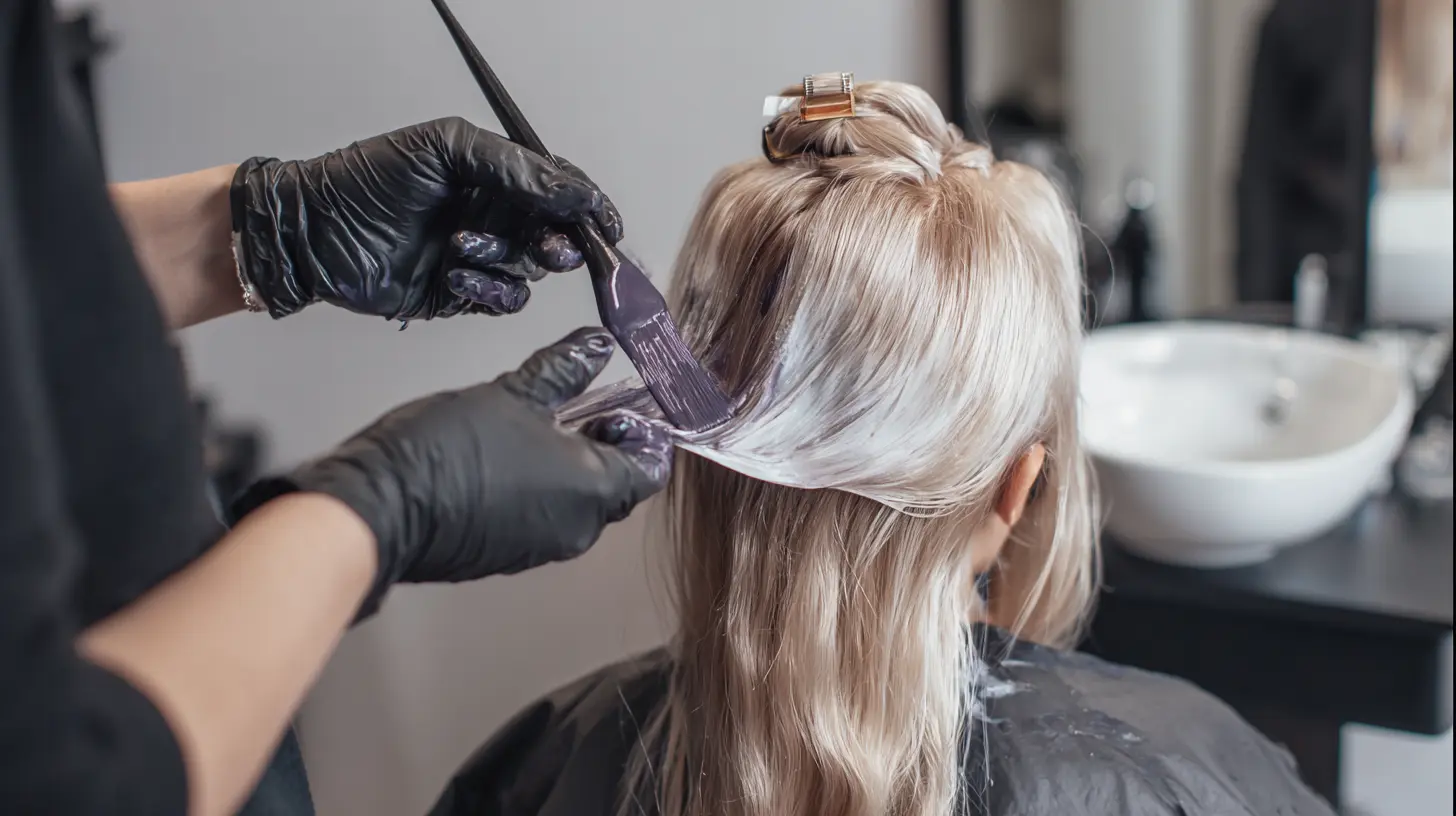 Hair stylist applying purple hair toner evenly to blonde hair with a tint brush during a professional salon hair toning treatment