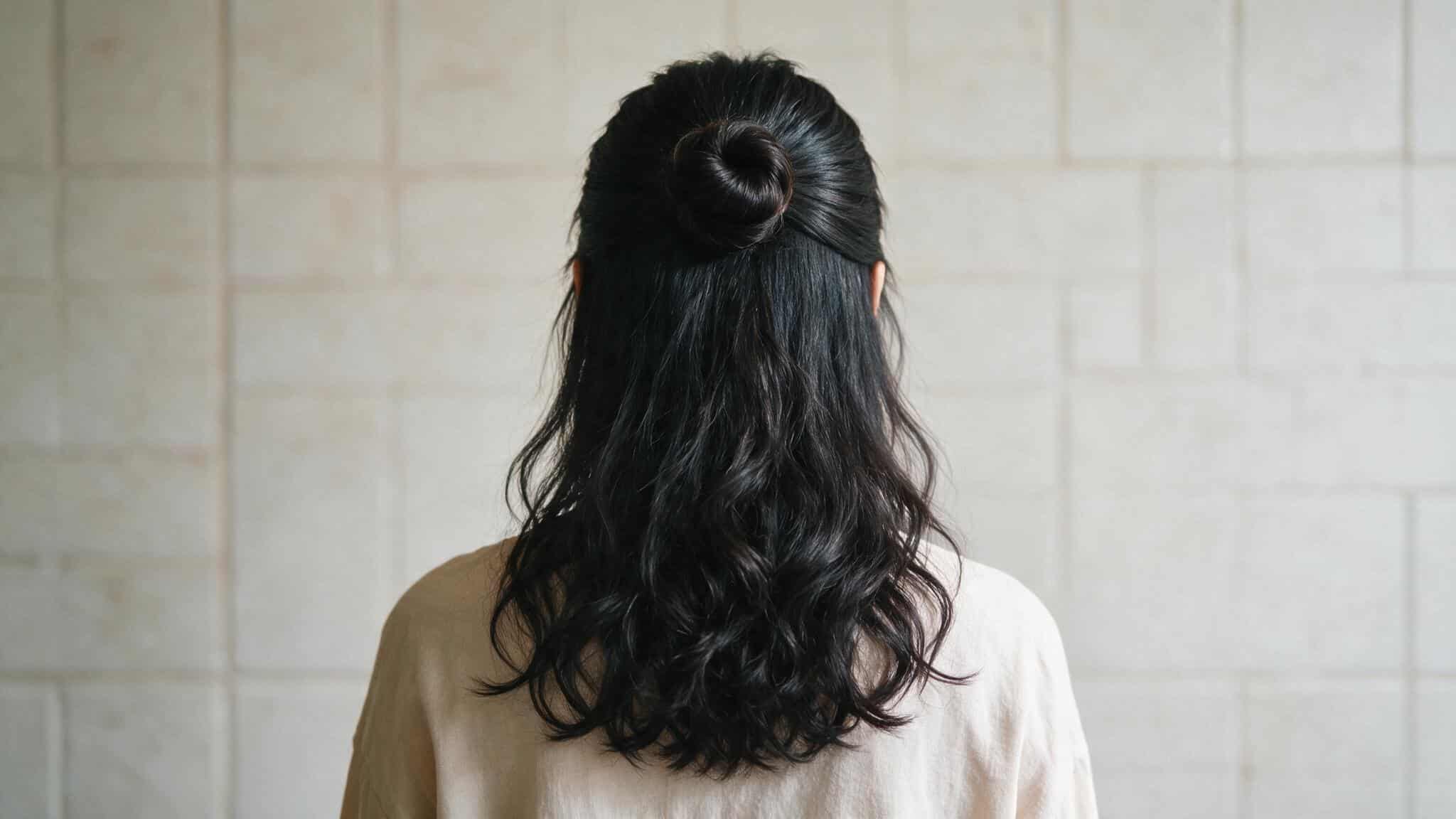 A woman seen from behind has long, wavy black hair tied in a bun and wears a white shirt against a tiled wall.