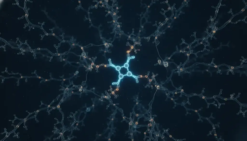 Intricate molecular structure with glowing blue and orange nodes on dark background
