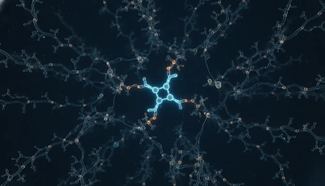 Intricate molecular structure with glowing blue and orange nodes on dark background