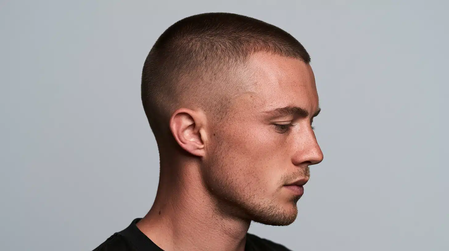 High and tight buzz cut with a short even top faded sides and a clean sharp side profile with a simple military look