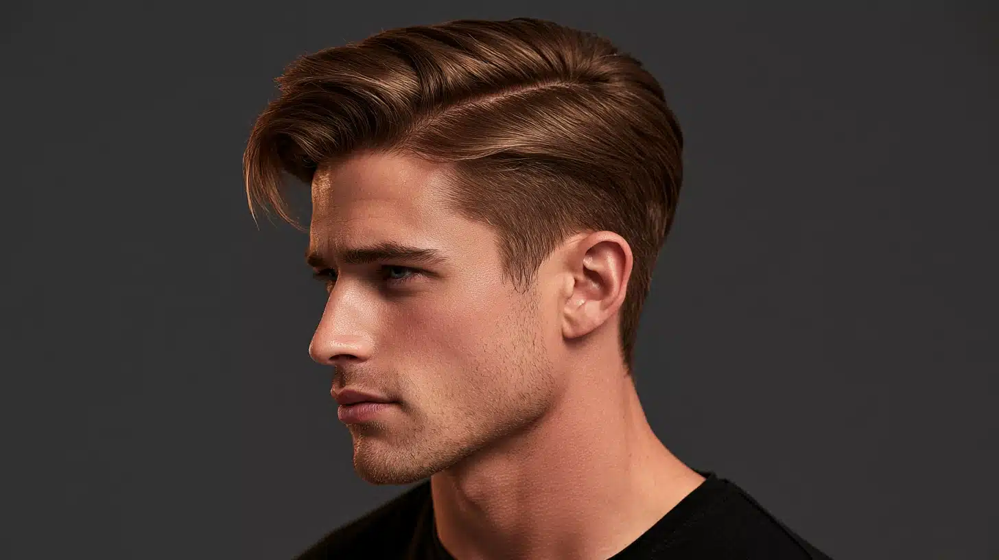 High and tight comb over with a smooth side swept top short tapered sides and a clean polished finish for a refined look