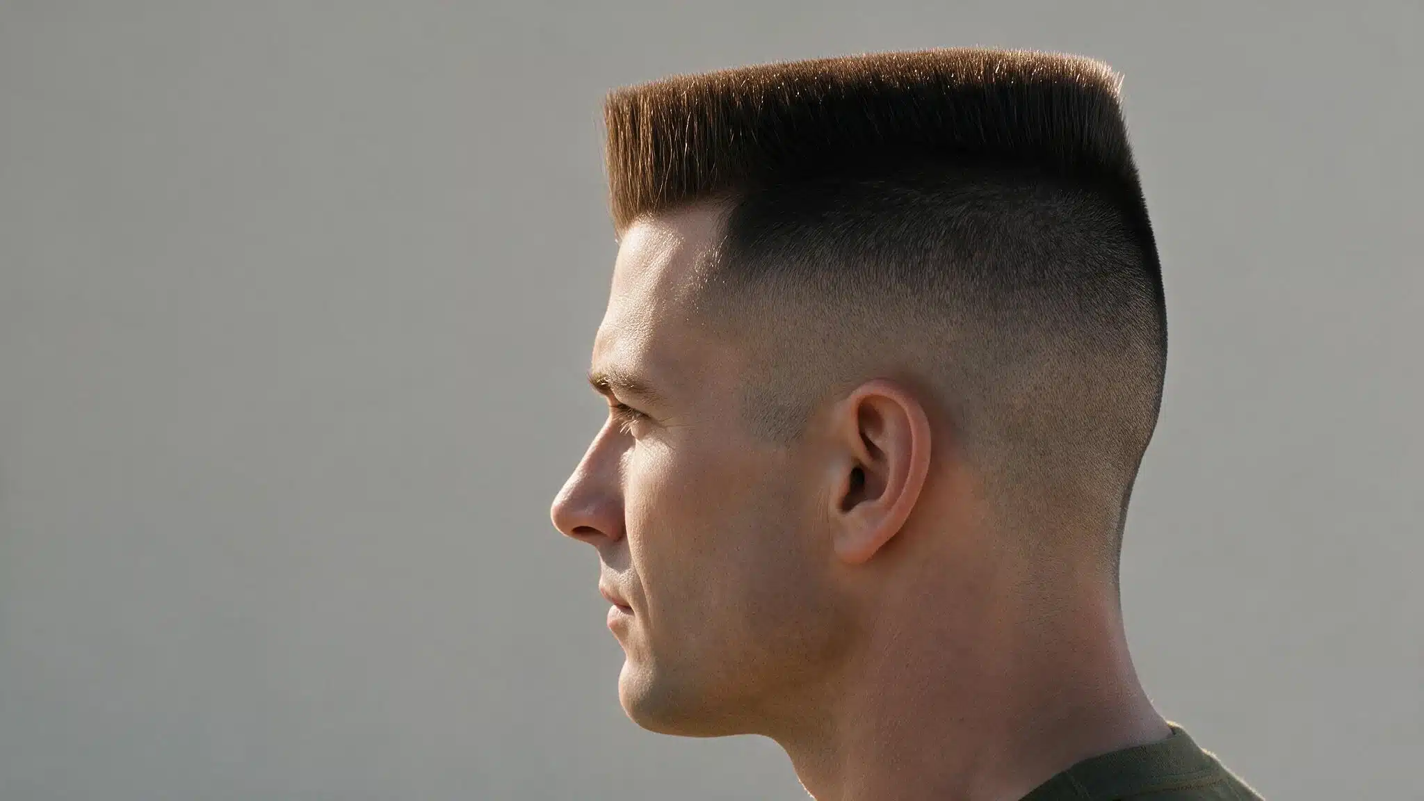 High and tight flat top haircut with a squared upright top skin faded sides and a sharp structured military profile