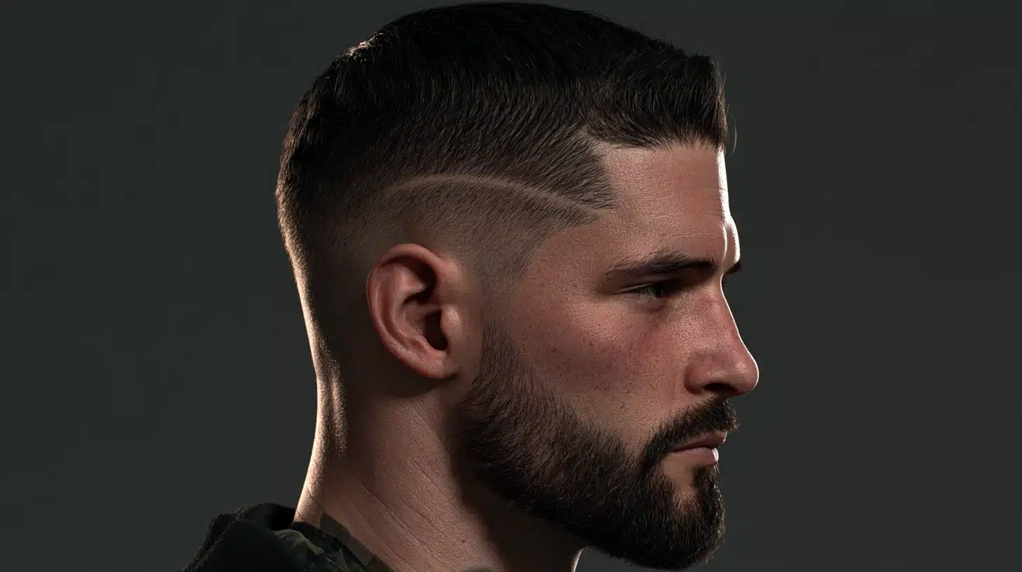 High and tight hard part haircut with a defined shaved line faded sides and a neatly groomed beard for strong contrast