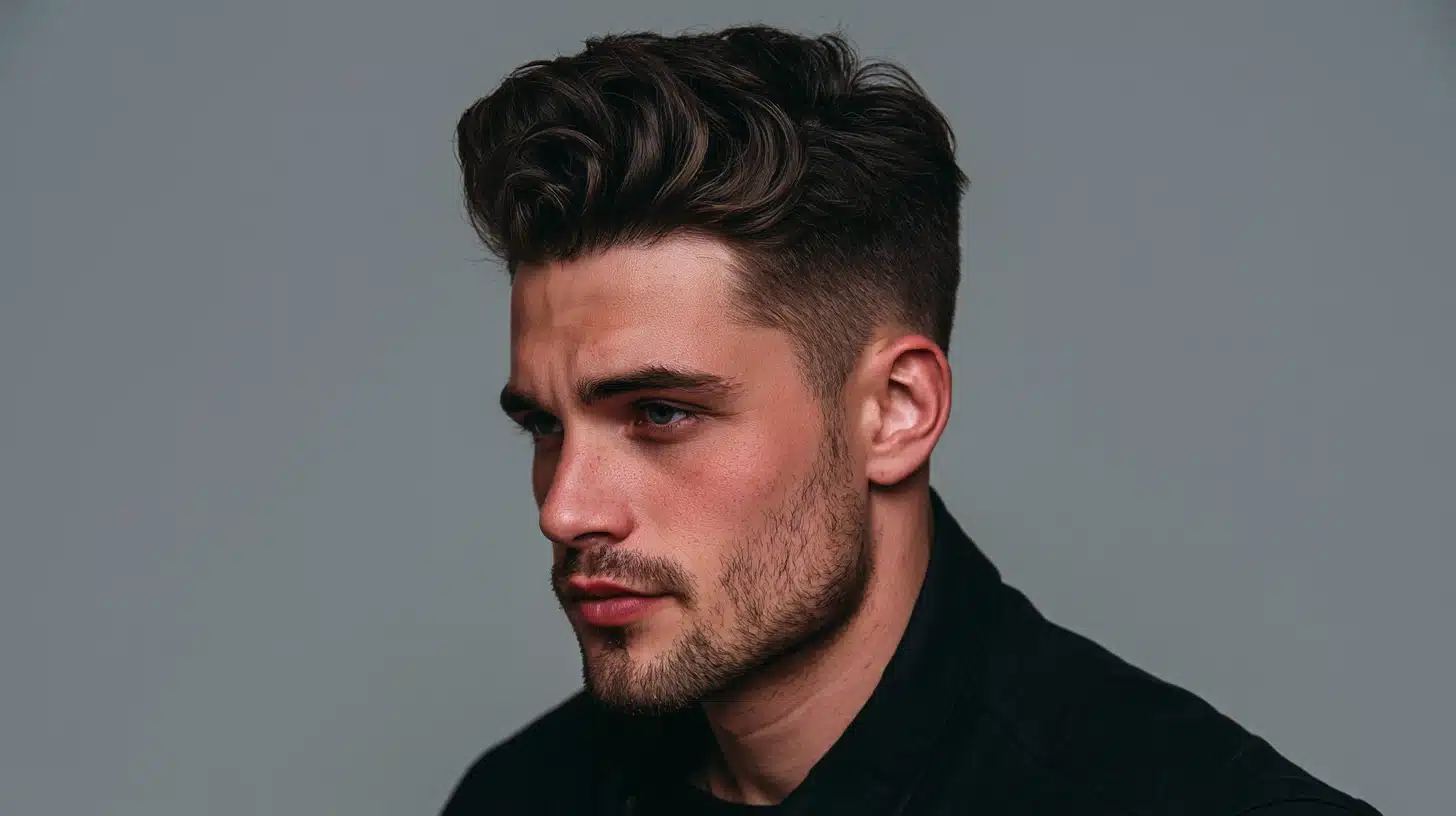 High and tight quiff haircut with a full swept top tapered sides and neatly trimmed facial hair for a polished modern look