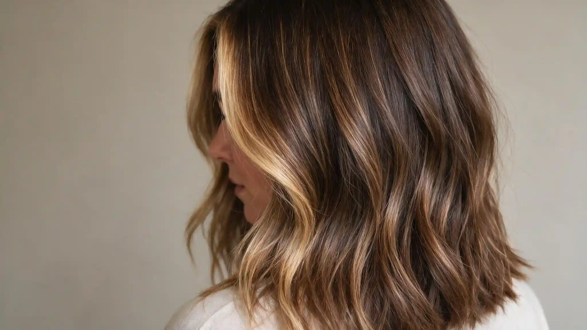 Honey blonde money piece highlights on warm brown wavy hair