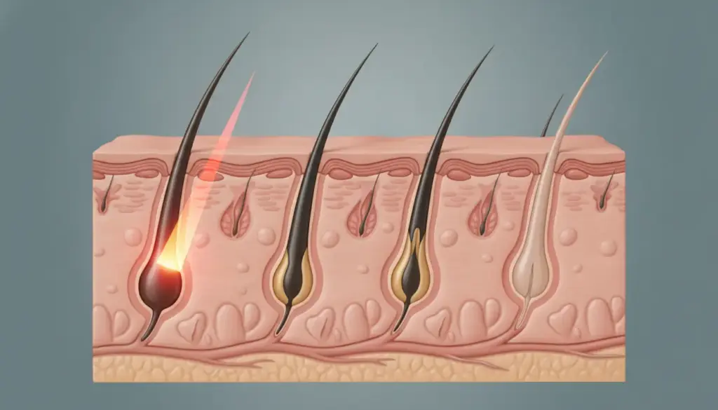 Cross-section illustration of human skin showing hair follicles and inflammation
