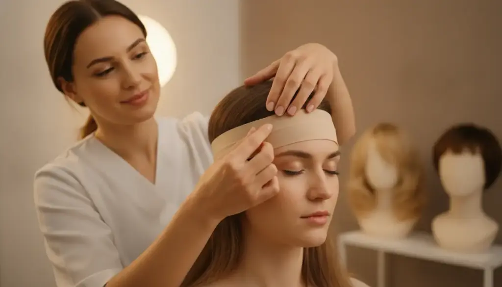 Woman fitting a hairband on a seated client's head in a bright salon setting