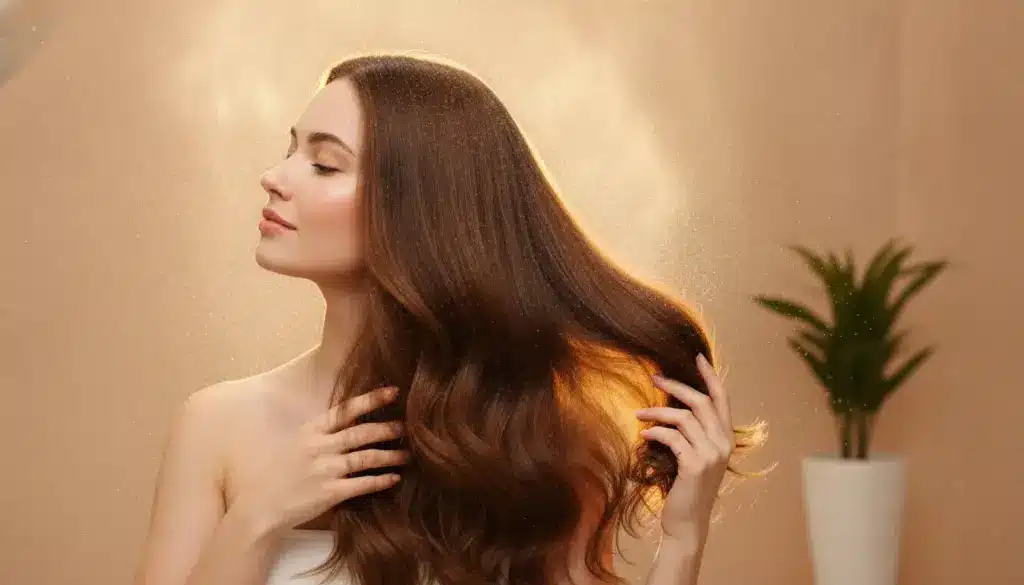 Woman with long brown hair illuminated by warm light in a minimalist setting