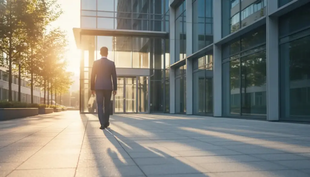 Businessman walking towards modern glass office building in morning sunlight