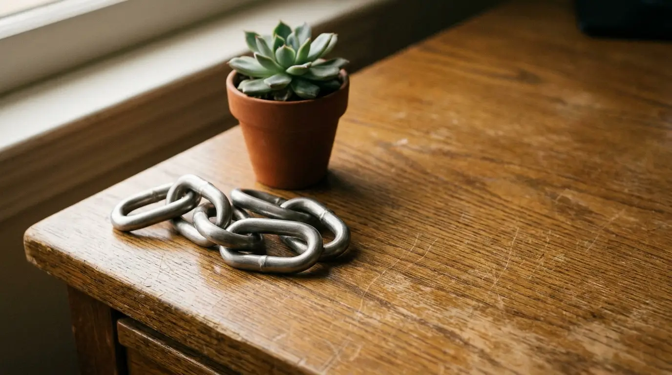 Succulent in clay pot and steel chain links on wooden table near window