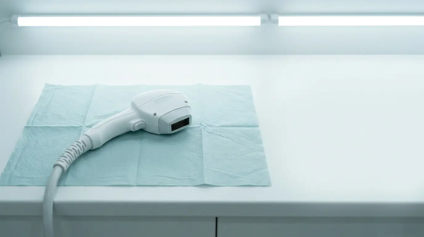 Laser hair removal device resting on blue cloth under bright fluorescent light