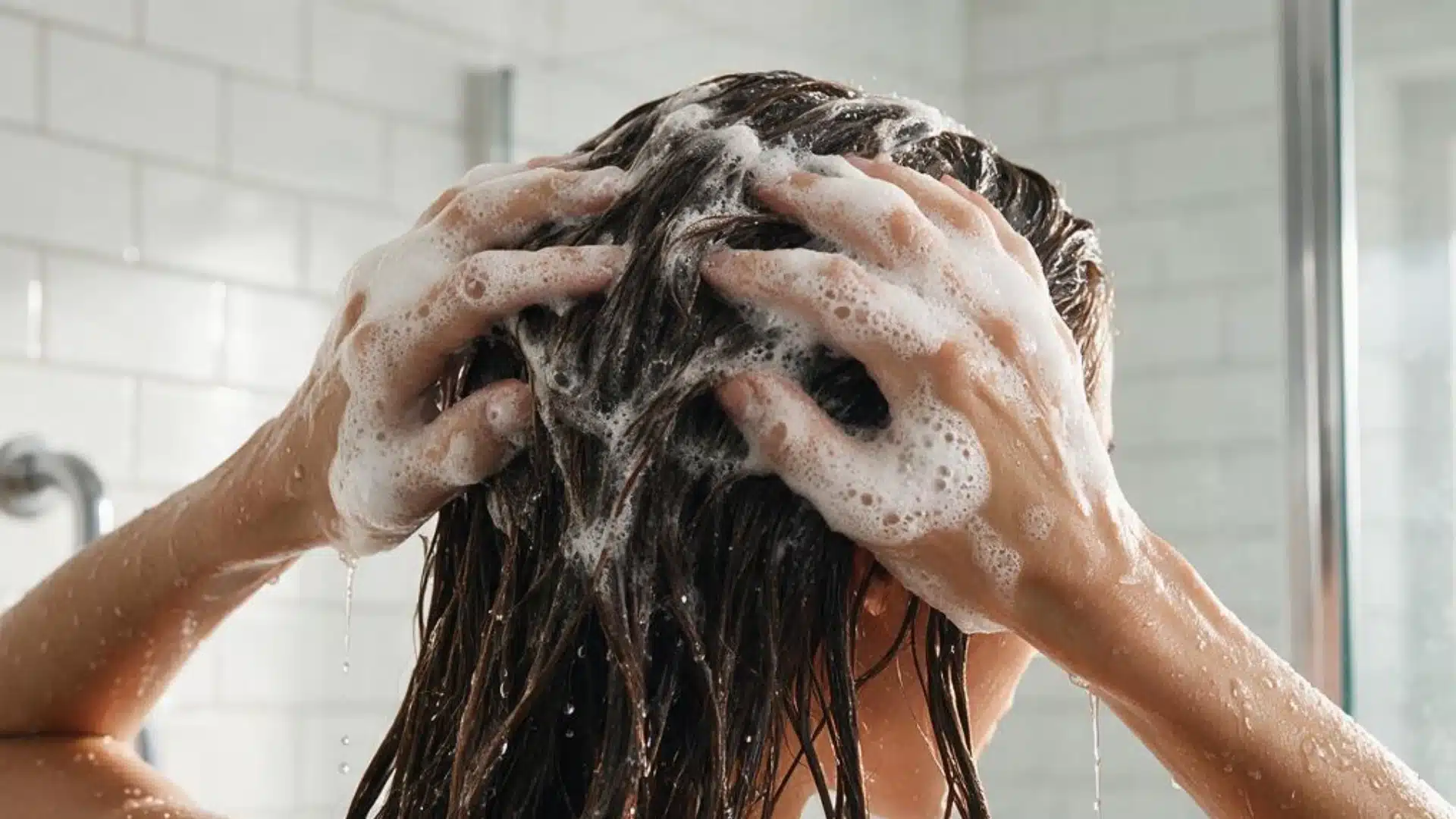 Lathering shampoo into hair to compare clarifying
