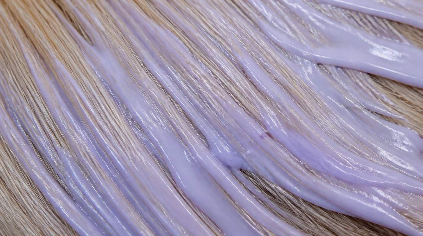 A closeup of blonde hair with toner applied, and spread on it.