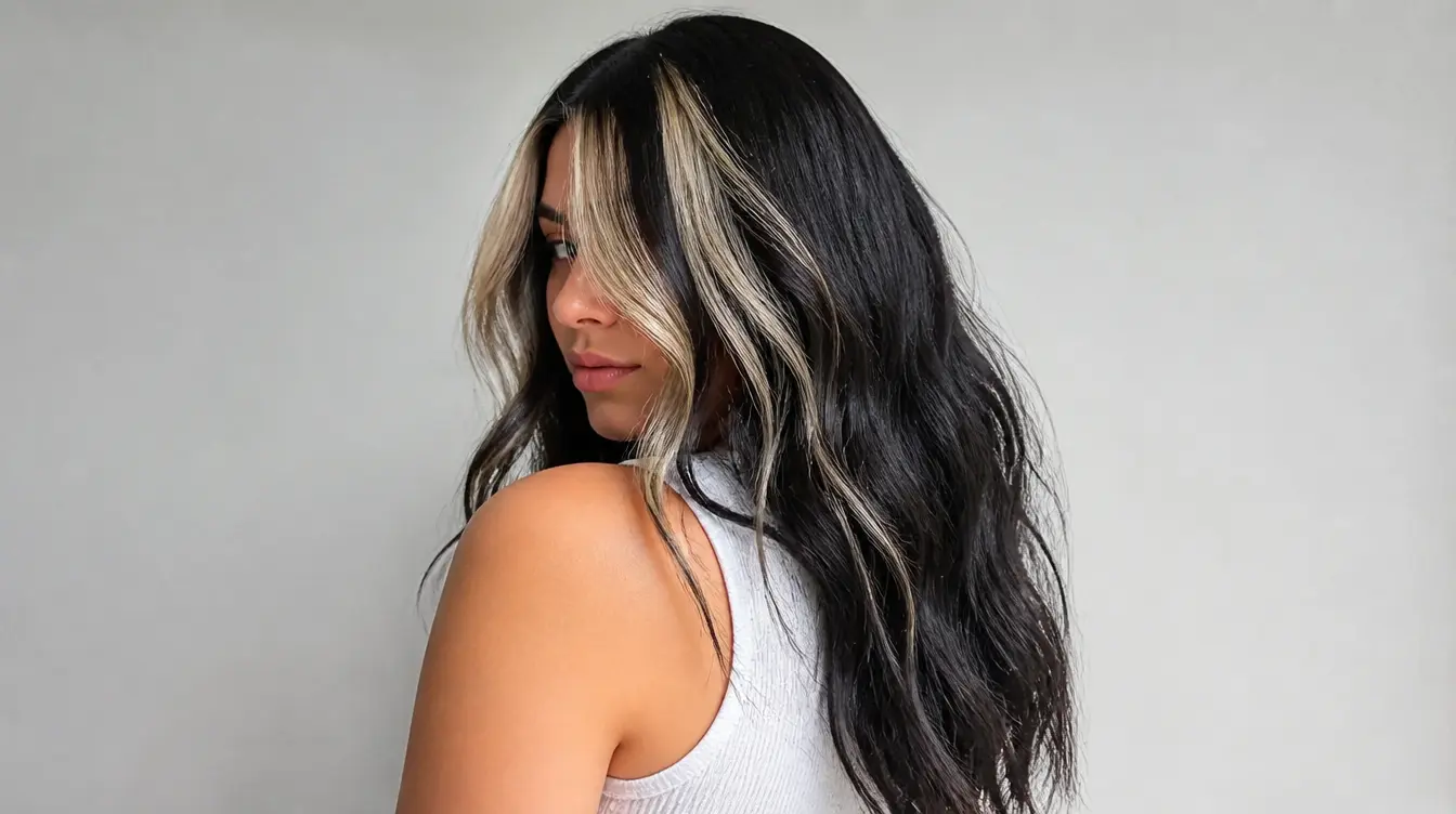 Light blonde money piece framing long black wavy hair