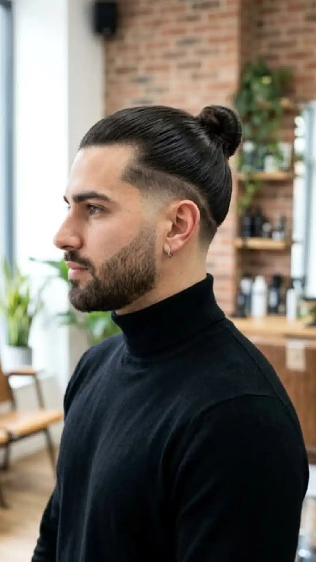 Long slicked back hair tied into a neat man bun with faded sides creating a clean structured modern hairstyle look