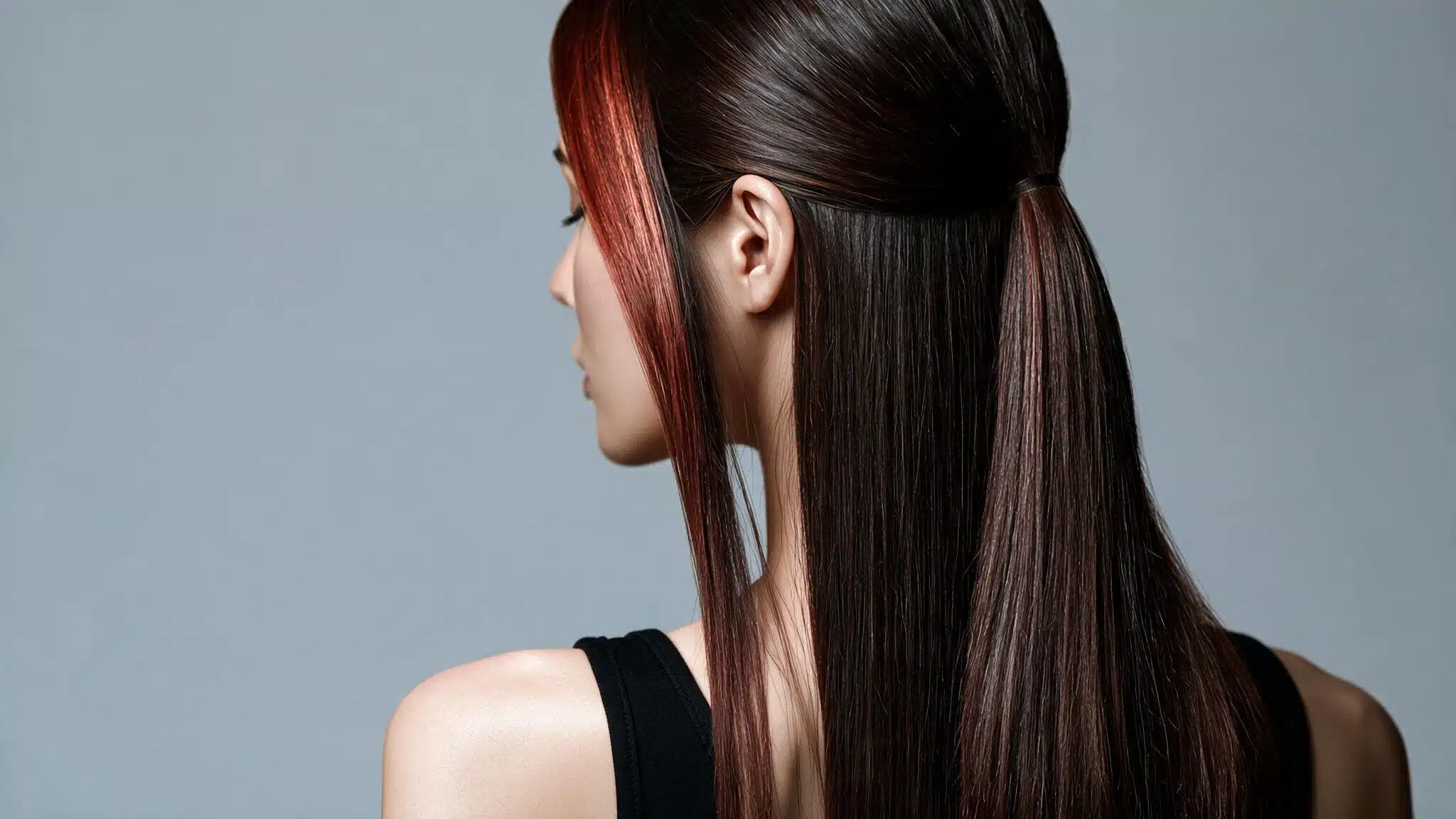 Long, straight dark brown hair of a woman highlighted with a vibrant copper skunk stripe.