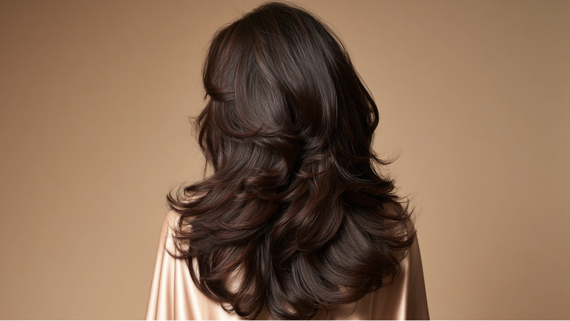 Long, wavy dark brown hair styled in a butterfly cut, featuring soft, flowing layers and natural movement.
