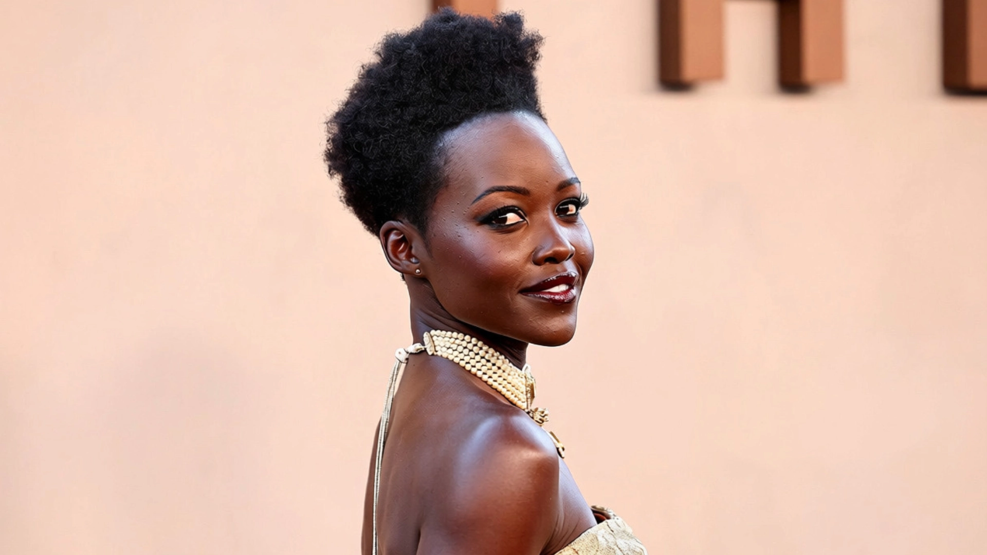 Lupita Nyong'o showcases her coily hair in a natural, tousled style, emphasizing its texture and volume.