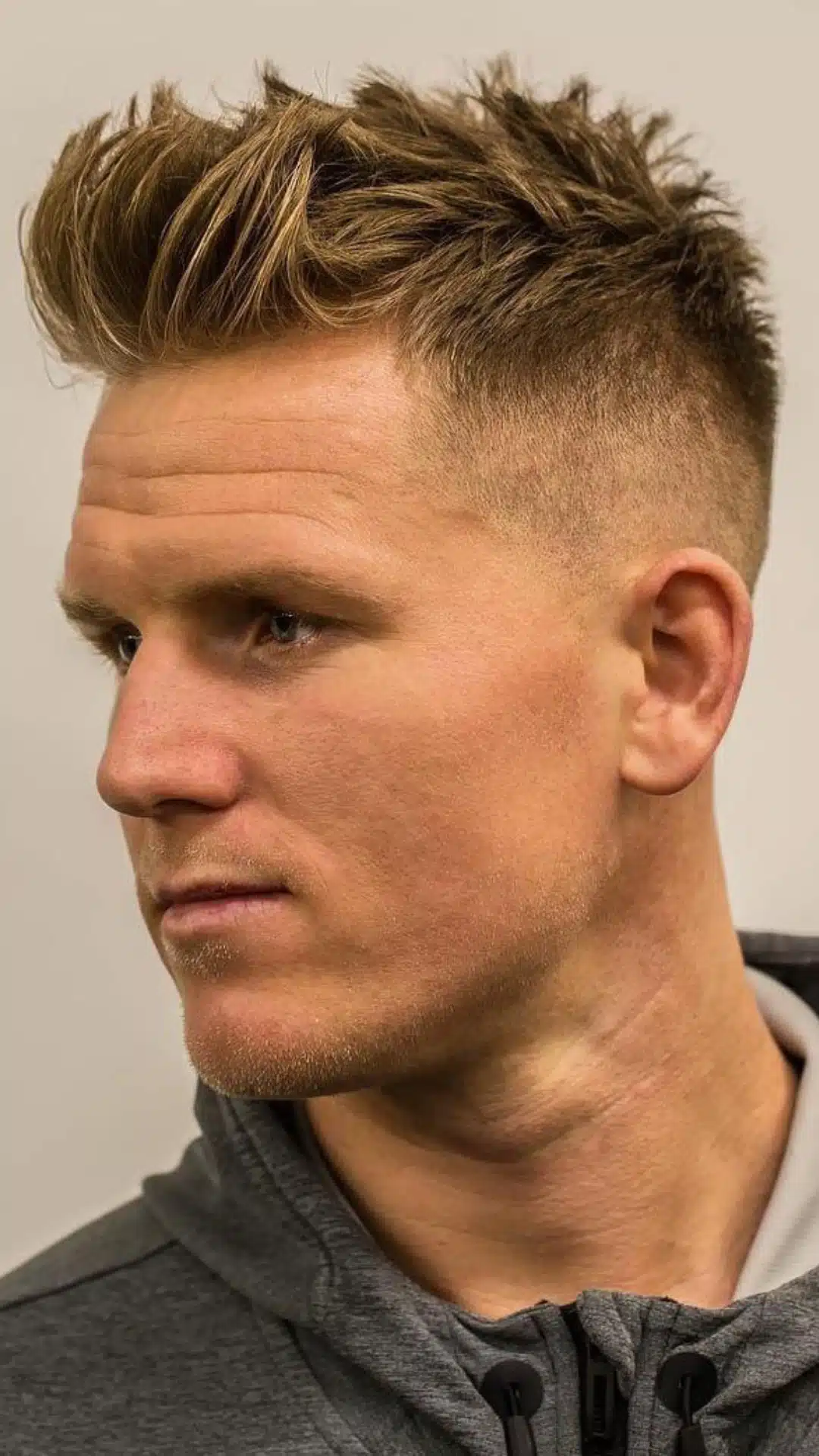 Man with a faux hawk haircut that adds height and complements strong square face features