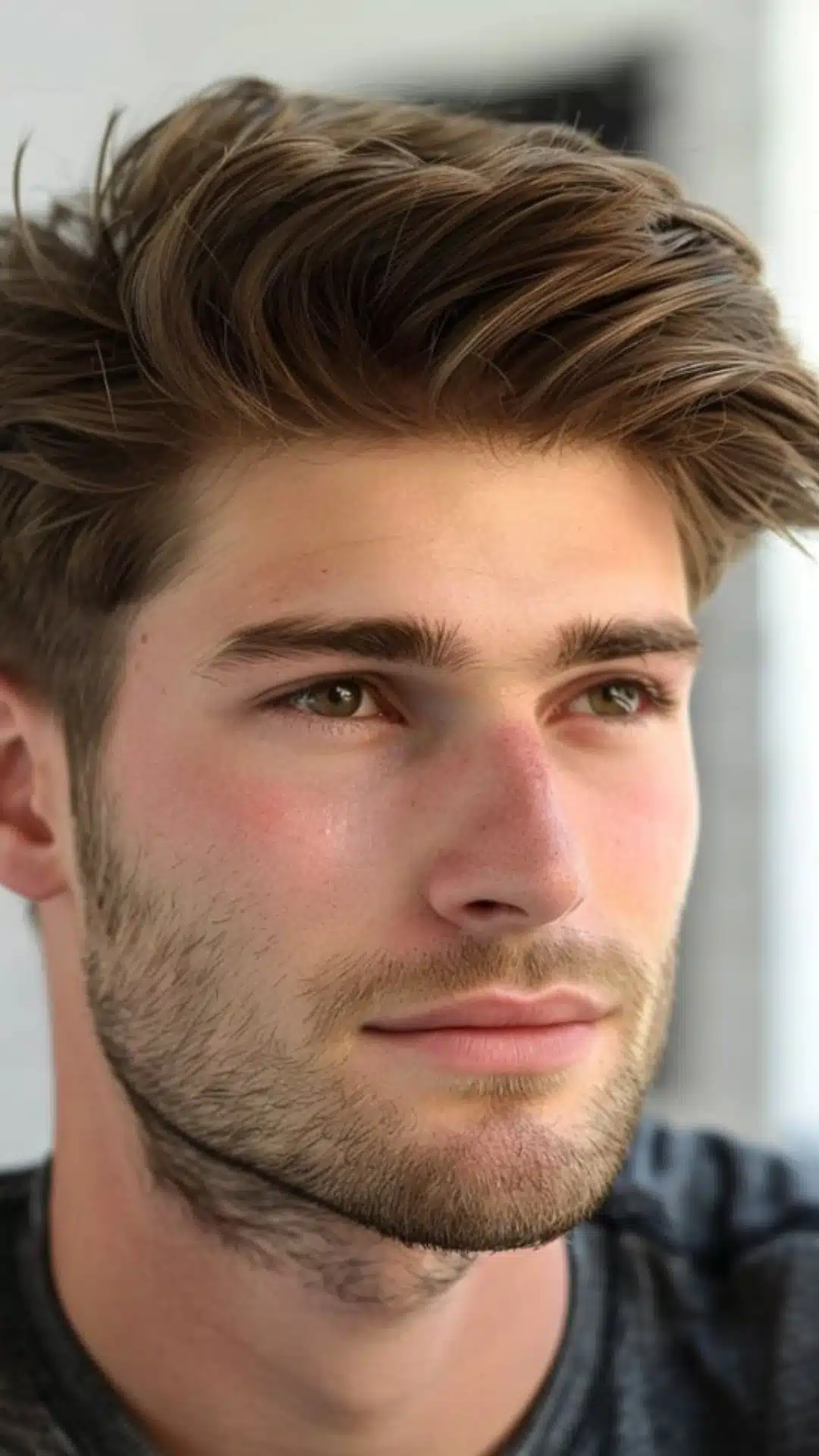 Man with an Ivy League hairstyle that adds volume and creates a balanced look for square face shapes