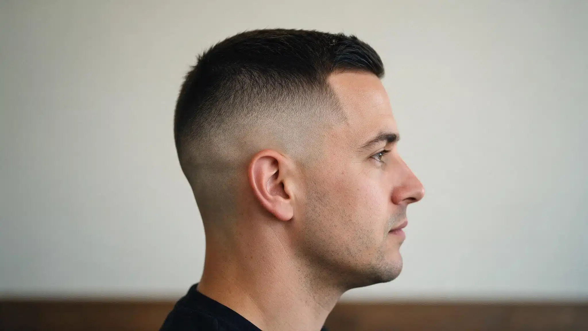 Man with high and tight haircut featuring very short faded sides and a neat short top shown from the side on plain background
