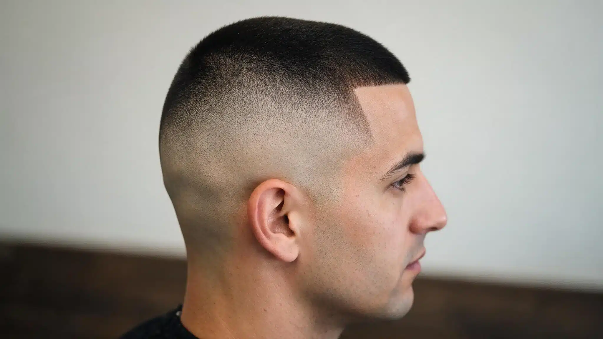 Man with high and tight skin fade featuring shaved sides and a short even top with sharp clean edges on plain background