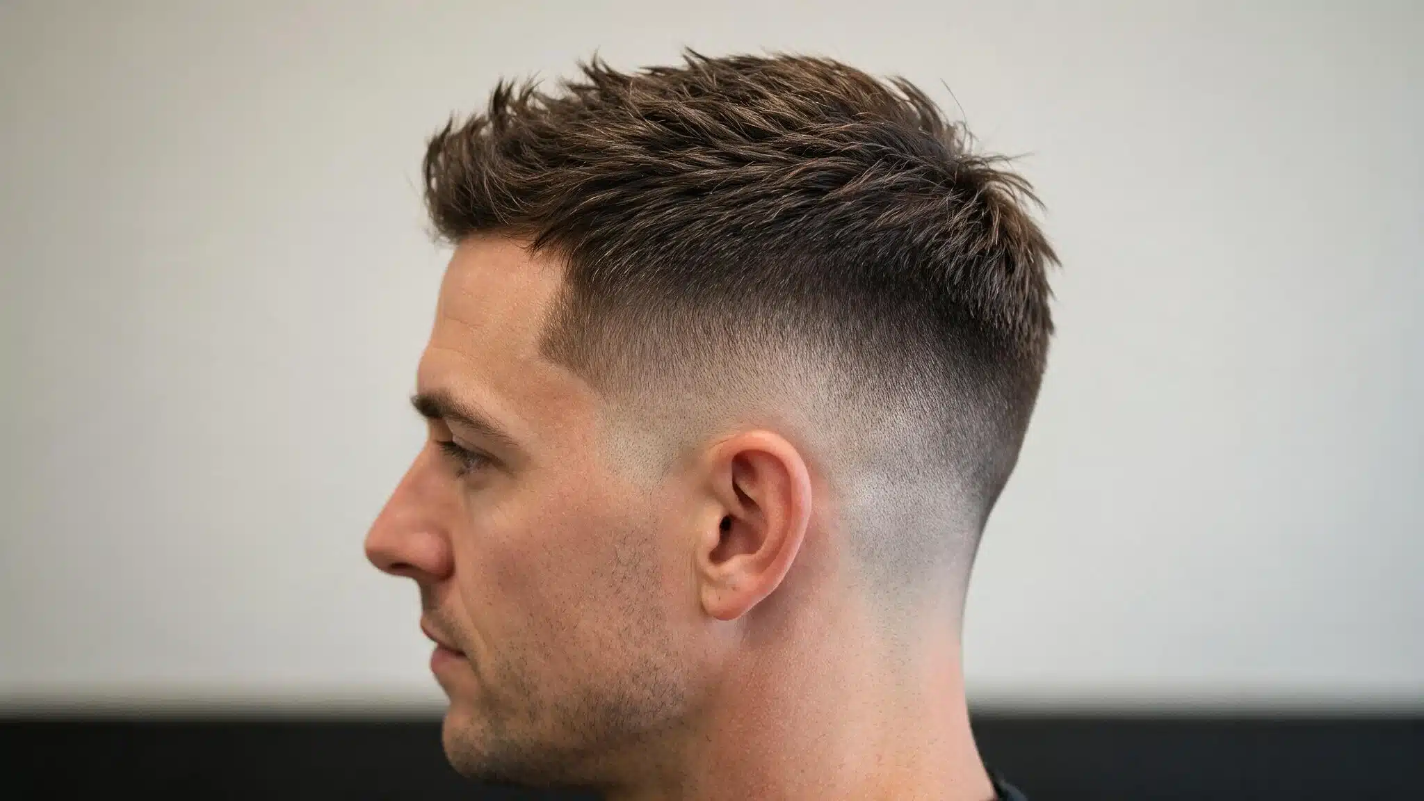 Man with textured high and tight fade featuring short blended sides and a longer lifted top against a plain background