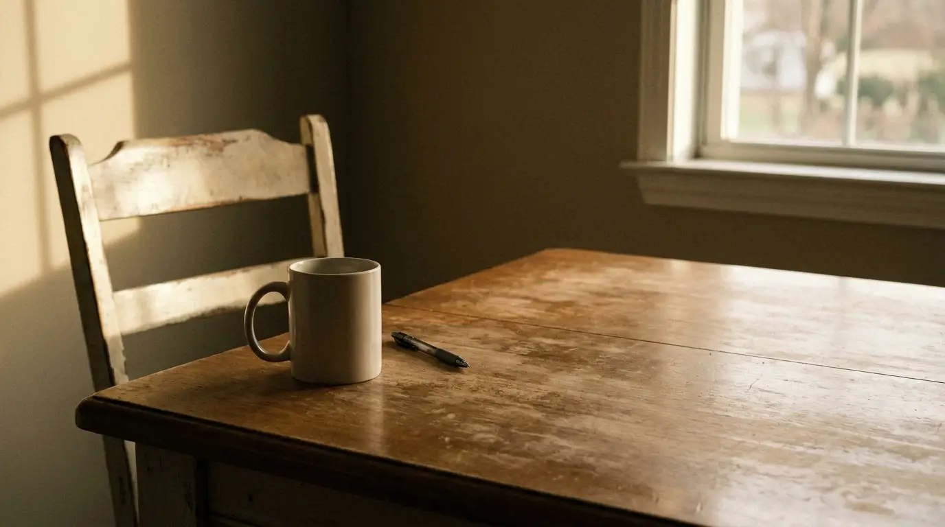 Mug and pen on rustic wooden table by sunlit window in a cozy setting