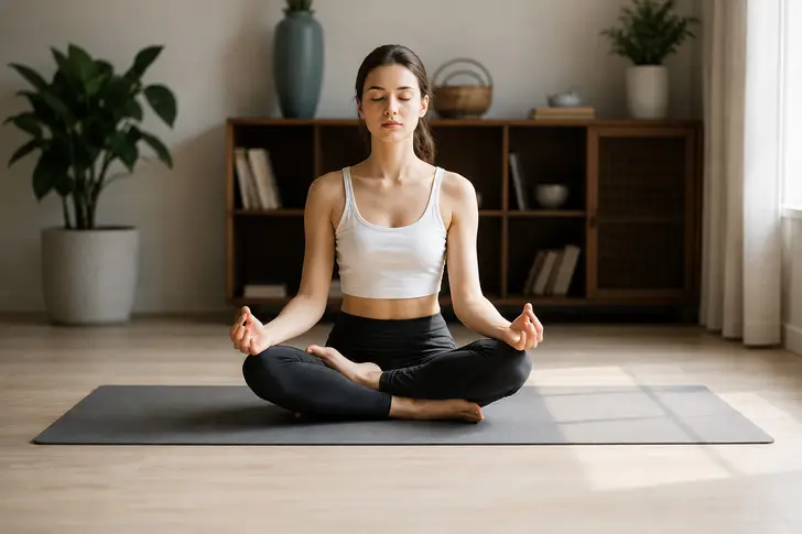 Woman meditating cross-legged on yoga mat in bright, minimalist living room
