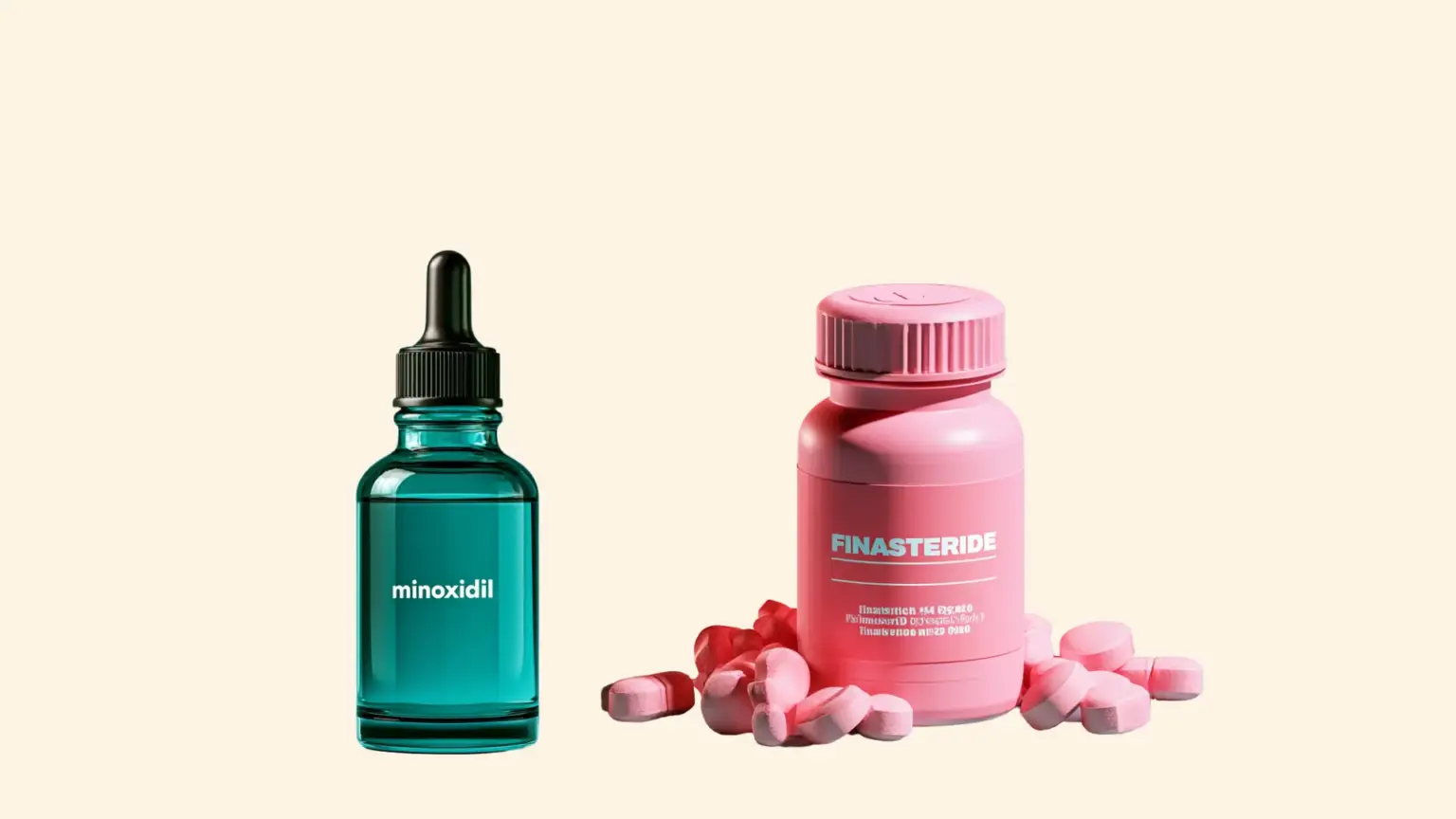 Minoxidil bottle and Finasteride bottle, side by side on a plan background