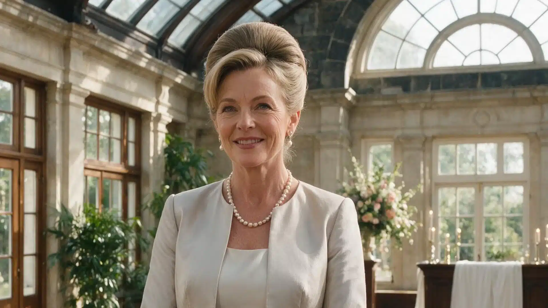 Mother of the bride with a beehive inspired updo and side swept bangs inside an elegant formal wedding reception venue