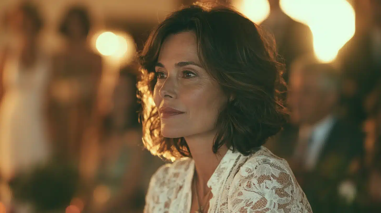 mother of the bride with a chin length bob featuring soft bends wearing a floral dress at an elegant wedding reception