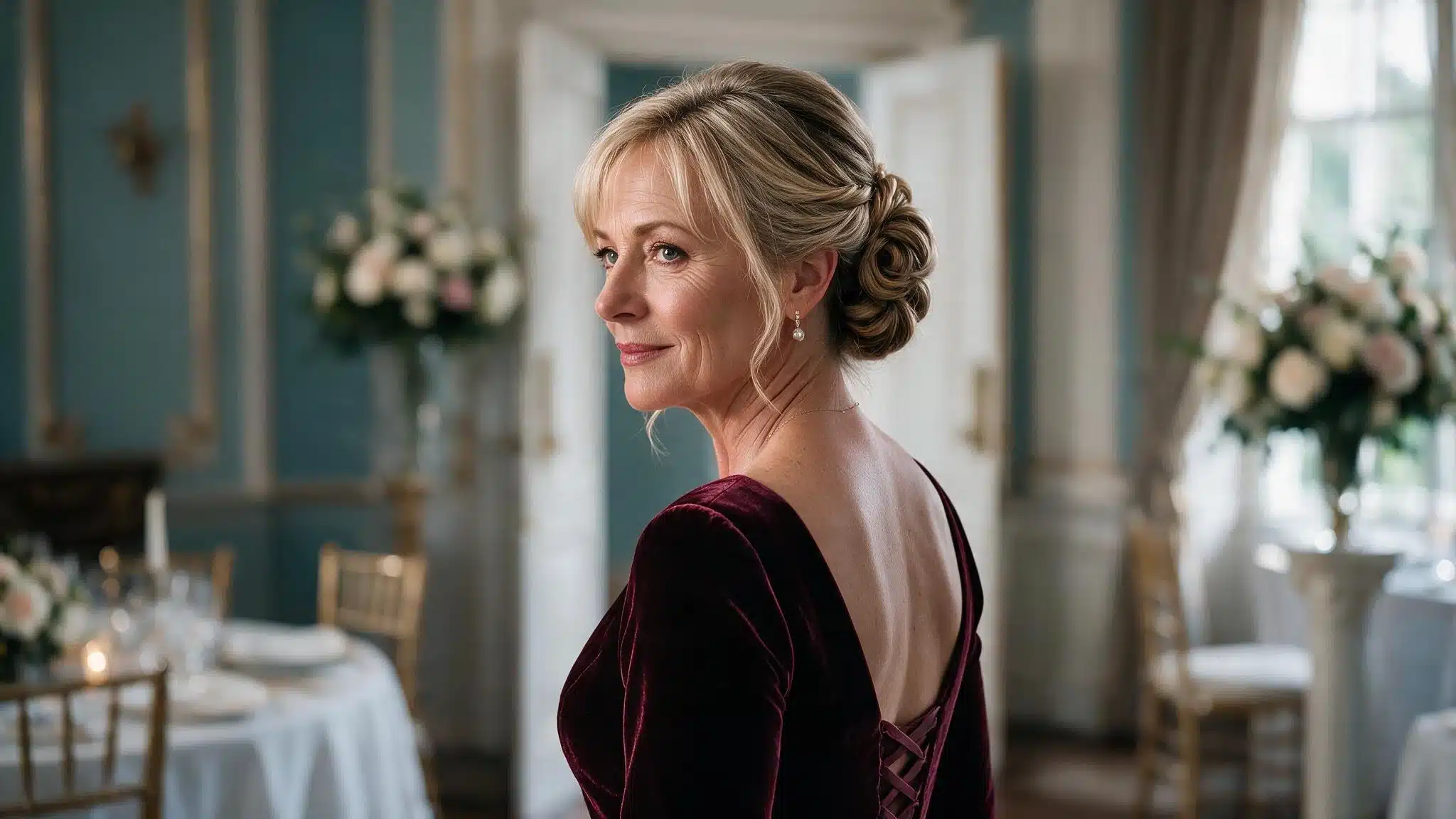 Mother of the bride with a twisted low side bun wearing a burgundy velvet dress at an elegant wedding reception