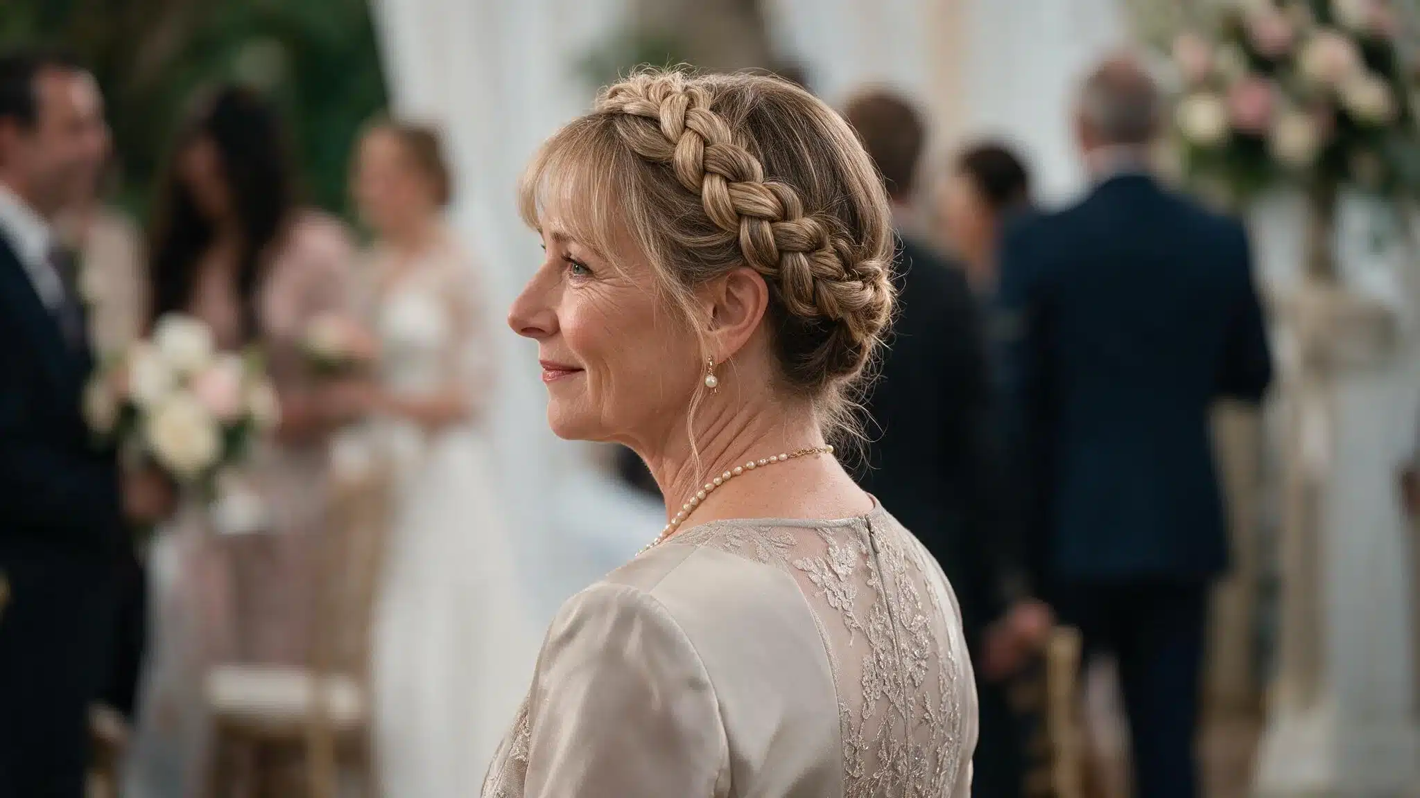 Mother of the bride with braided crown hairstyle and soft bangs wearing a beige lace dress at an elegant wedding venue