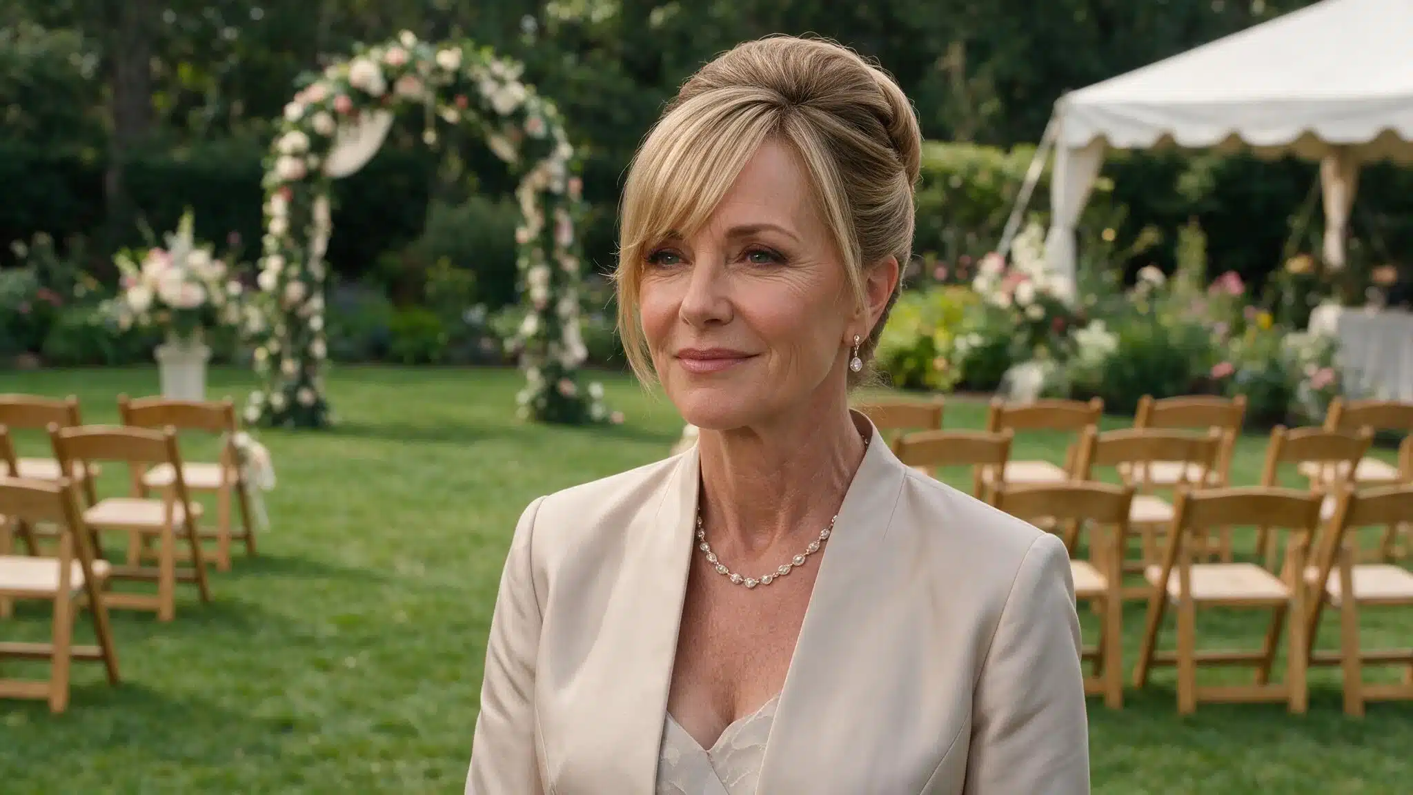 Mother of the bride with formal updo and side swept bangs wearing a light jacket at an elegant garden wedding ceremony